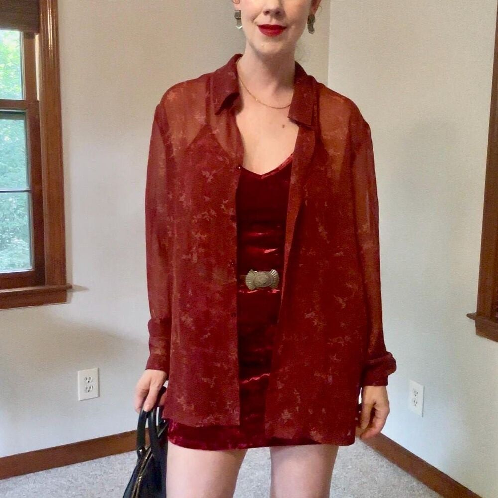 Vintage 90s Dark Fairycore Burnout Burgundy Sheer Floral Button-up Blouse Size M